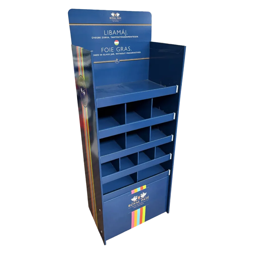 Royal Paté hullámkarton display állateledelekhez és konzervekhez, karton POS megjelenítő állvány pet shopokba