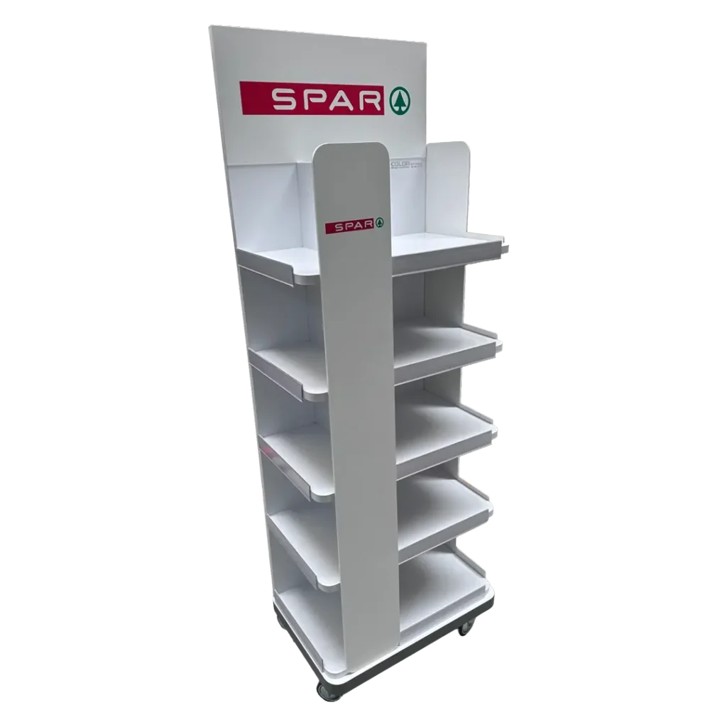 Spar fém alapú permanens display élelmiszer termékekhez, tartós fém kereskedelmi megjelenítő állvány