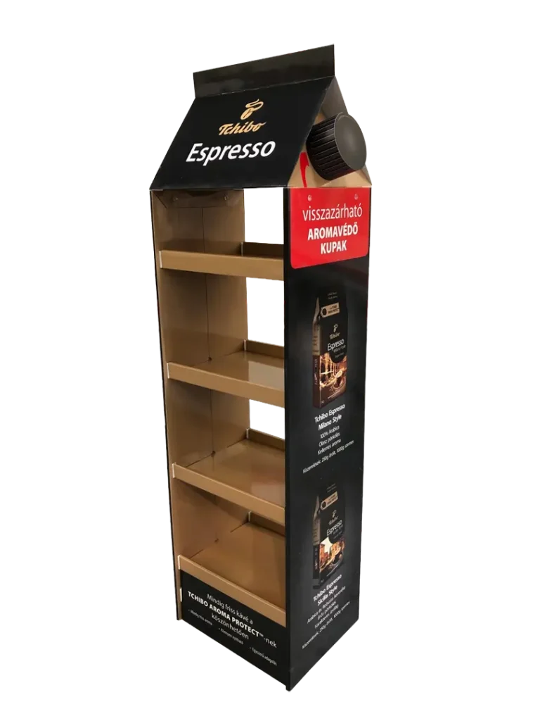 Tchibo hullámkarton kávé display állvány, egyedi POS megjelenítő szupermarketekbe és kiskereskedelembe