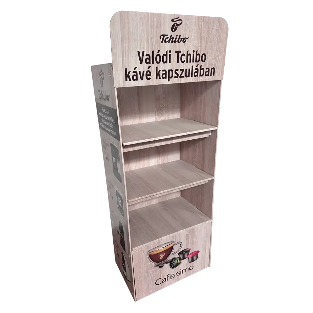 Tchibo hullámkarton kávé display állvány v2, egyedi POS megjelenítő szupermarketekbe és üzletekbe