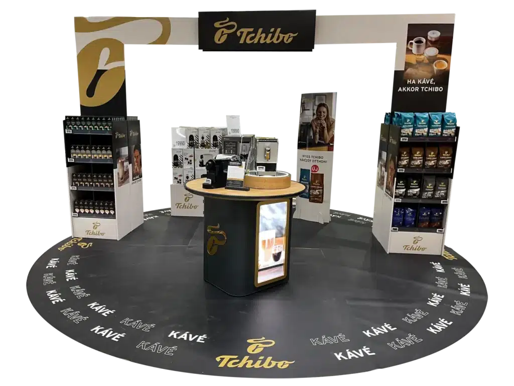 Tchibo hullámkarton POS installáció kávé promóciókhoz, komplex karton megjelenítő rendszer szupermarketekbe