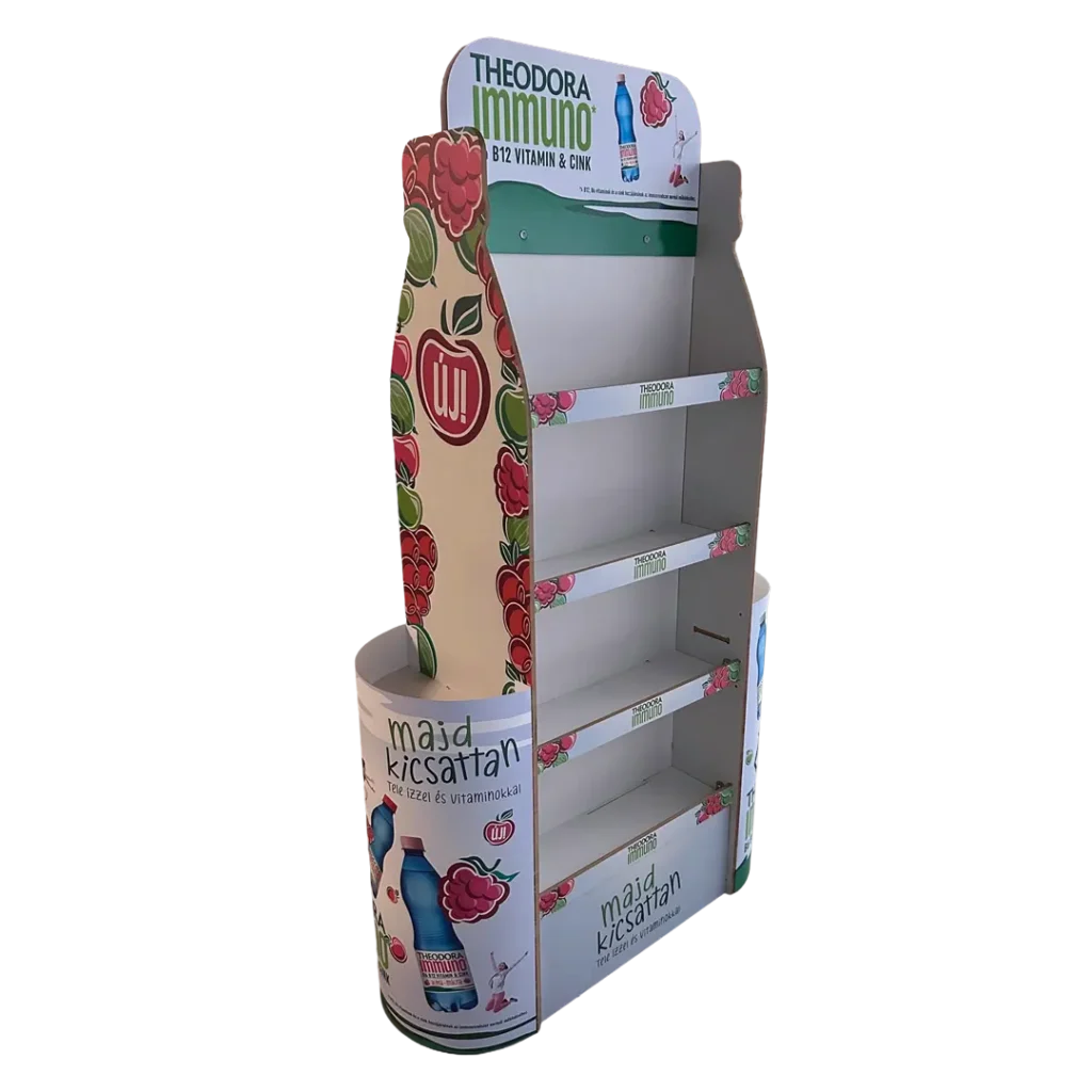 Theodora fa alapú permanens display ásványvíz és üdítőital termékekhez, tartós fa kereskedelmi megjelenítő állvány