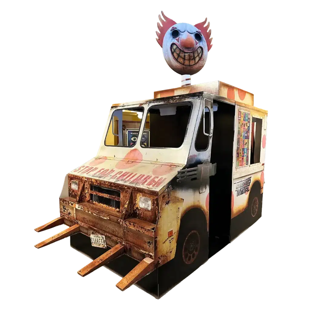 Twisted Metal hullámkarton POS installáció játék promóciókhoz, komplex karton megjelenítő rendszer kiskereskedelembe