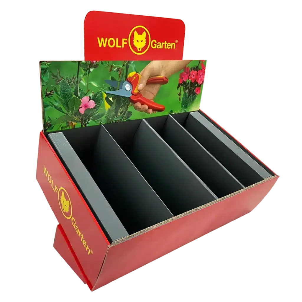 Wolf Garten hullámkarton pultidisplay kerti eszközökhöz, kisméretű POS megjelenítő pultra helyezhető karton állvány