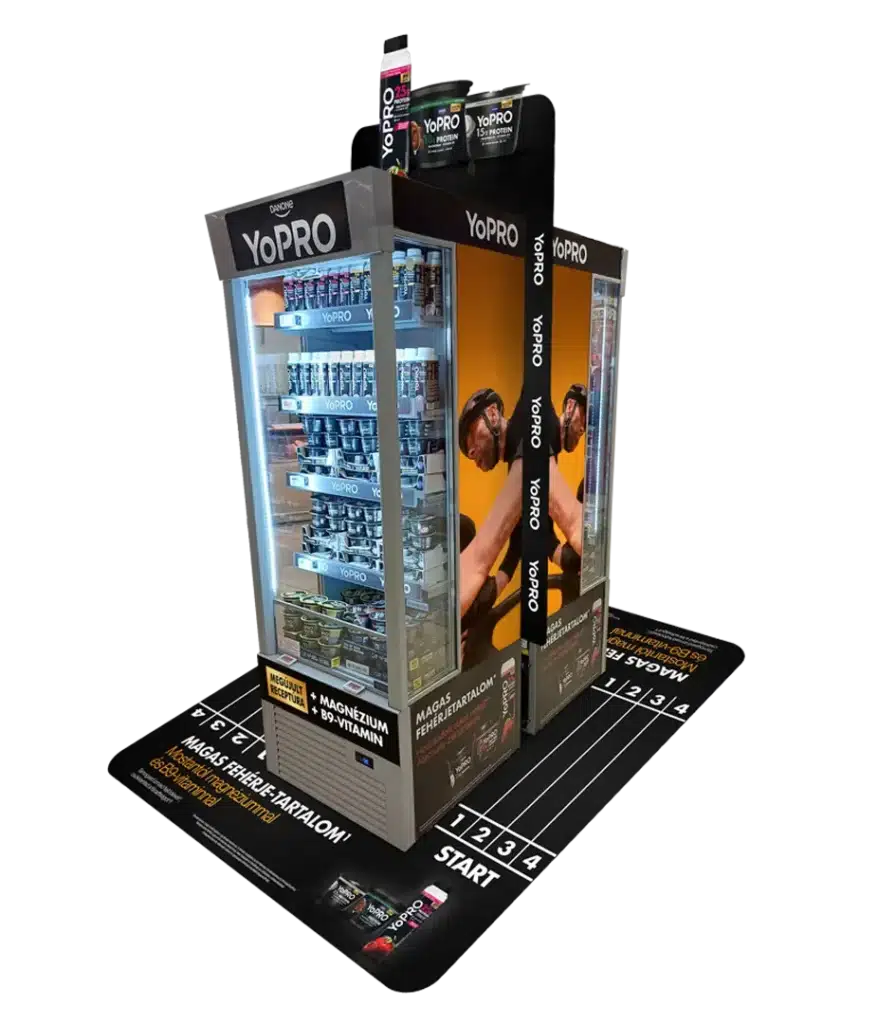 YoPRO hullámkarton POS installáció joghurt promóciókhoz v3, komplex karton megjelenítő rendszer szupermarketekbe