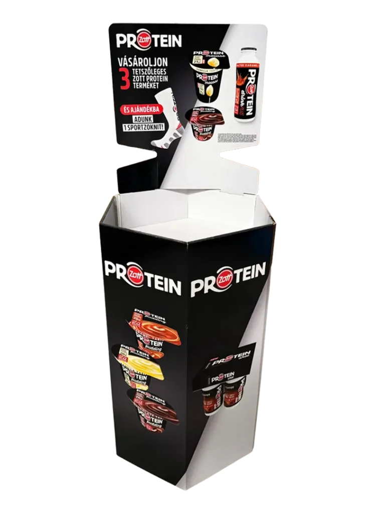 Zott hullámkarton hexagonális protein display, egyedi alakú karton POS megjelenítő állvány sportüzletekbe