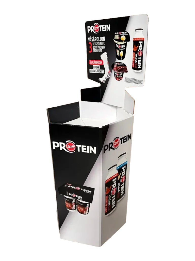 Zott hullámkarton hexagonális protein display v2, egyedi alakú karton POS megjelenítő állvány sportüzletekbe
